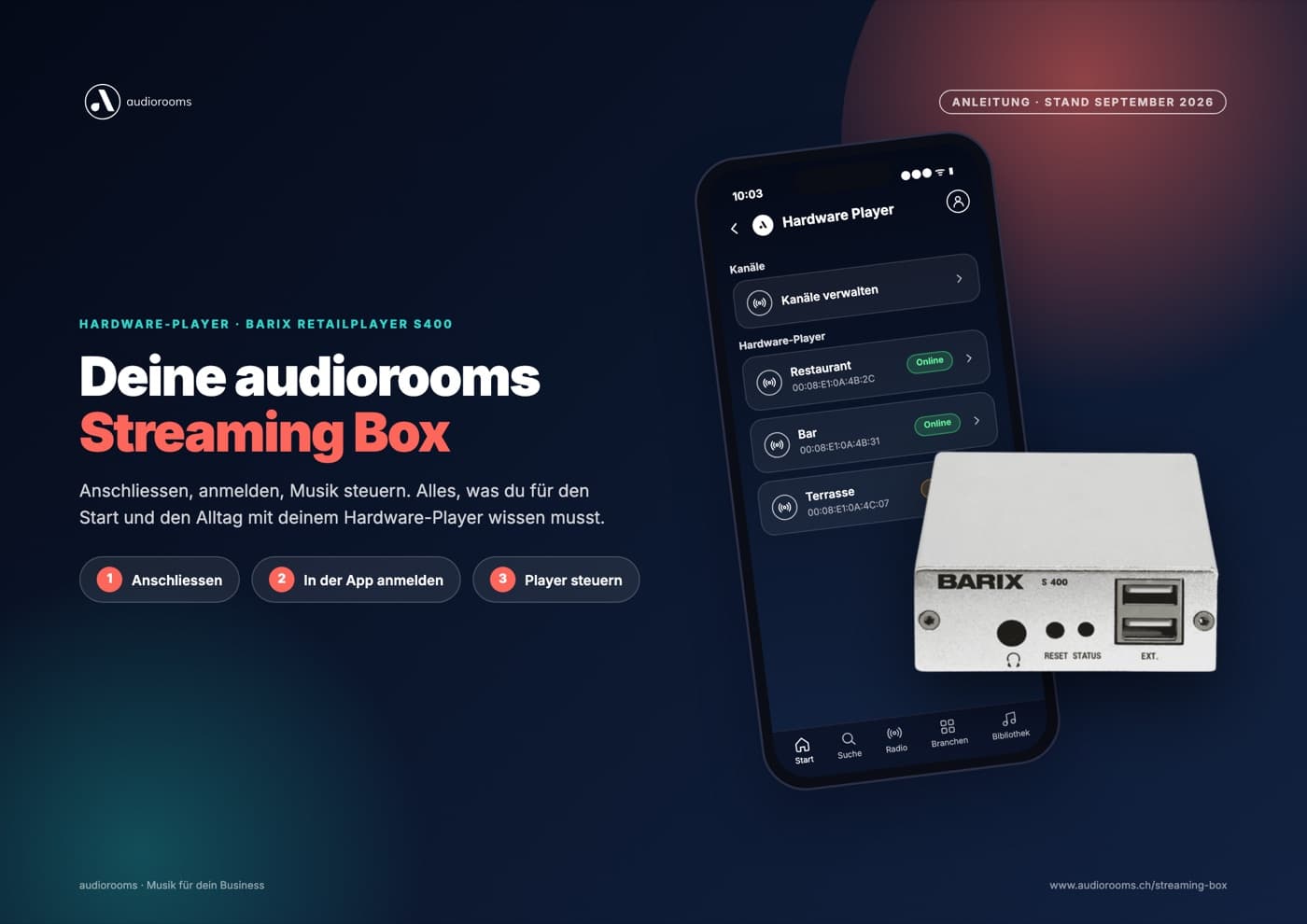 Titelseite der Anleitung für die audiorooms Streaming Box
